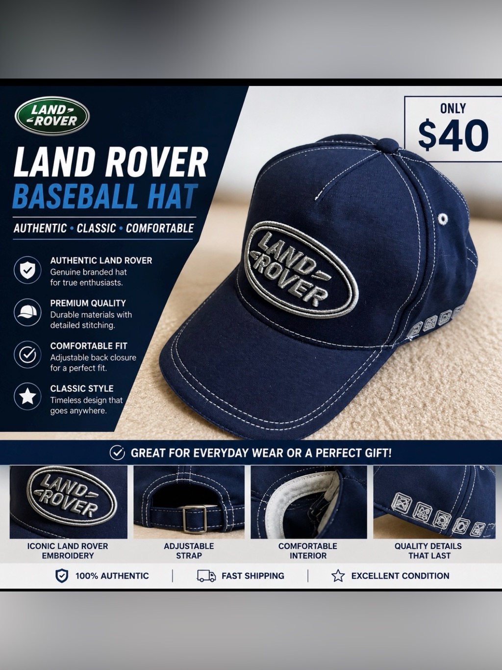 Mens Land Rover Authentic Hat Blue Navy Color Retail Price 80